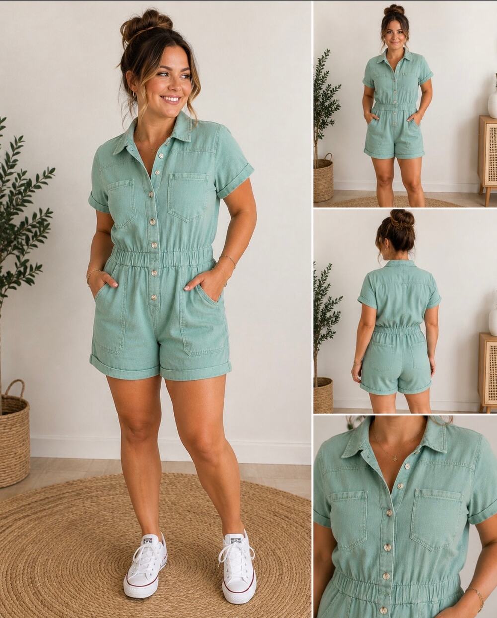 Show Me Your Mumu Canyon Romper XL Mint Green Denim Utility Button Front